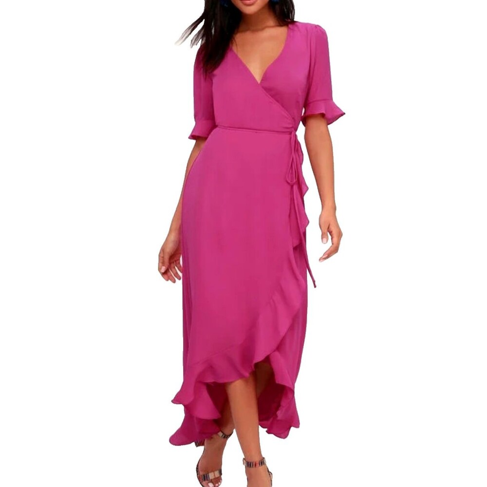 Lulu's Women's Maxi Dress Size XS Pink Ruffle Lightweight Flowy Wrap Dress